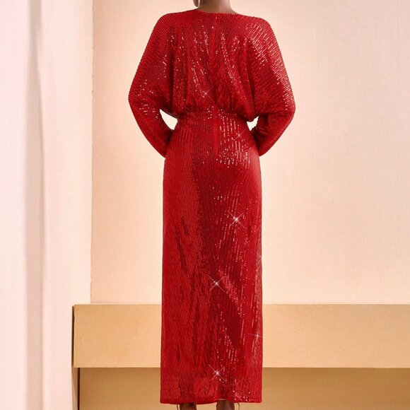 Red Elegant Women's Sequined Beaded Dress - Picture 2 of 7